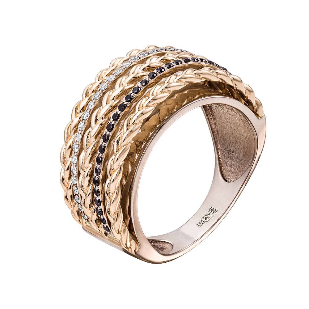 Кольцо из желтого золота с плетением и бриллиантами 931698ЧБ