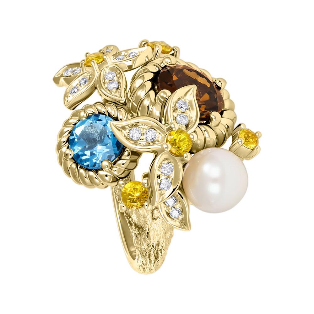 Кольцо с бриллиантами жемчугом и самоцветами 931791