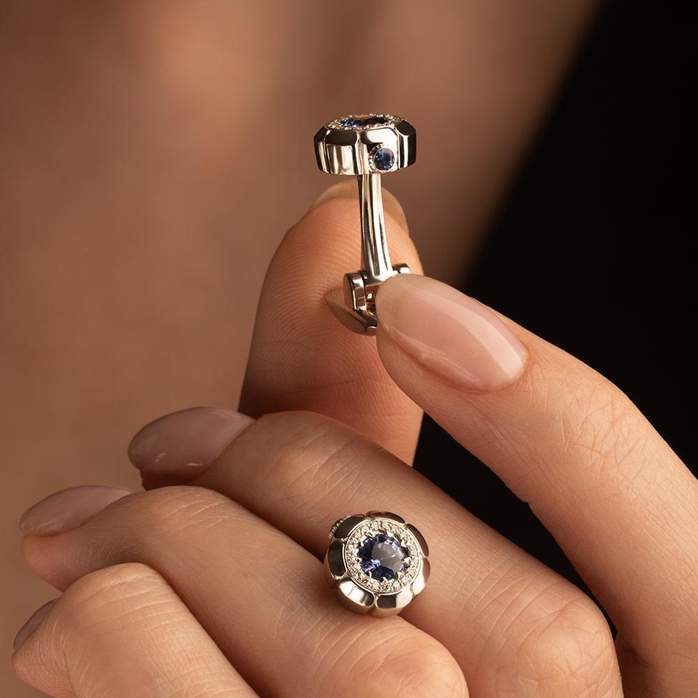 Запонки из белого золота 585 пробы с сапфирами 928675С